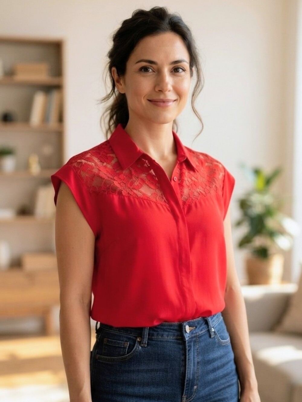 VAN HEUSEN Lace Back Sleeveless Blouse Red Sheer Accent Button V-Neck Shirt M